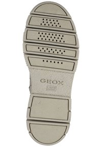 Semelle de chaussure en caoutchouc blanc avec de multiples rainures, perforations pour la respirabilité et logo "GEOX ITALIAN PATENT" embossé. Surface texturée.