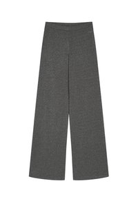 Bukser med vide ben i mørkegrå stoff med en lett glans, med en glatt linning og uten synlige hemper eller lommer.