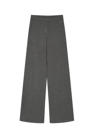 Bukser med vide ben i mørkegråt stof med en let glans, med en glat linning og uden synlige lukninger eller lommer.