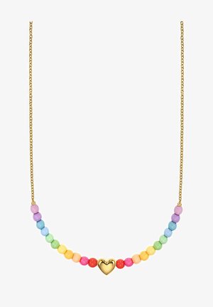 Guld kæde med multifarvede runde perler og en central guld hjertevedhæng. Indebærer pastelfarver i lilla, blå, grøn, gul, orange og pink.
