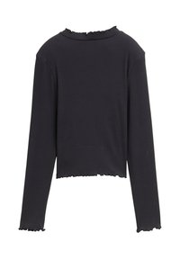 Sort ribbet langærmet top med en bølget udskæring og kant. Stoffet har en blød tekstur, med tætsiddende ærmer og en cropped skæring.