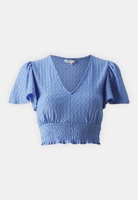 Blå kort topp med V-hals, korte puffermer og teksturert elastisk smocking i midjen. Lett stoff med et mønstrete design.