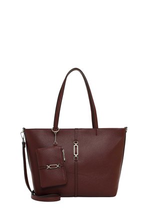 Donkerbruine leren tote bag met twee handvatten, een afneembare schouderriem en een bijpassend klein tasje bevestigd met een ketting.