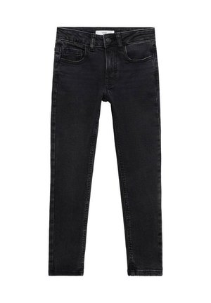 Černé džíny z denimu se štíhlým střihem, designem s pěti kapsami, zapínáním na knoflíky a mírným vyblednutím podél stehen. Hladká textura, standardní délka.