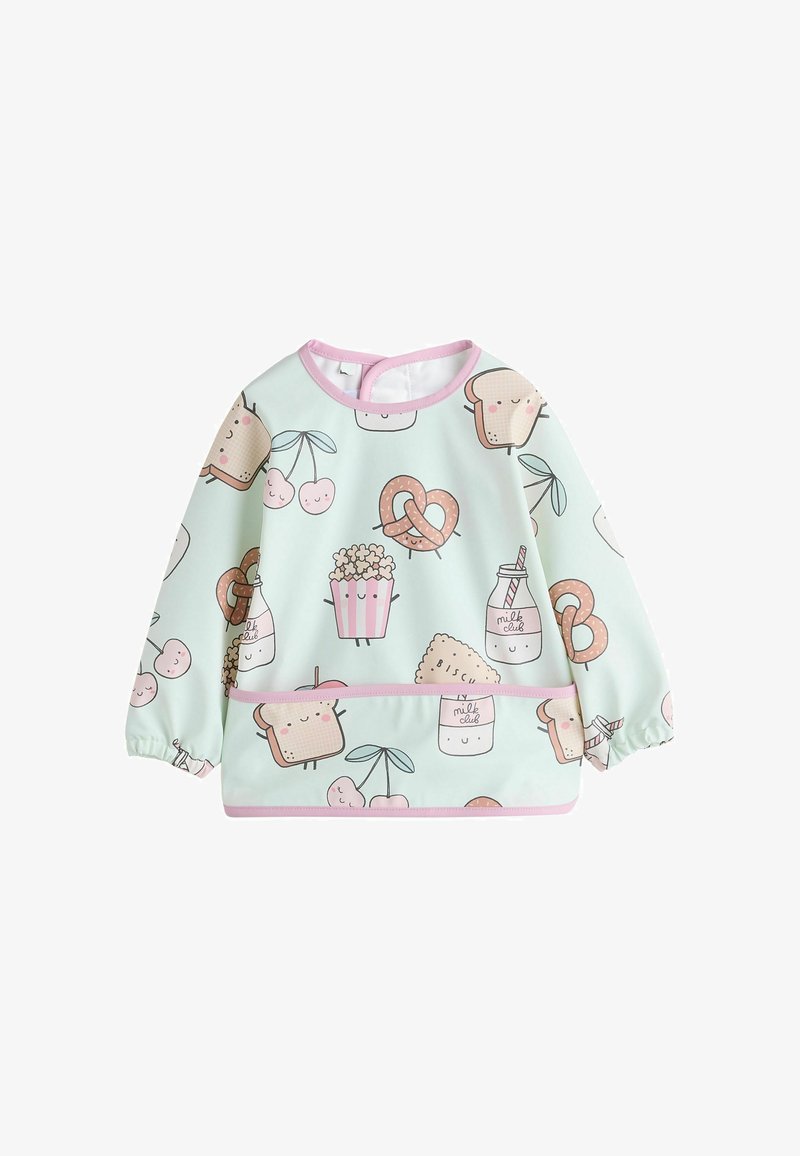 Bavoir à manches longues pour tout-petits avec des illustrations alimentaires pastel, comprenant du pain grillé, des cerises, des bretzels, du popcorn, des bouteilles de lait et des biscuits.