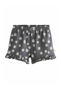Pantalones cortos de algodón gris con estampado de margaritas blancas, cintura elástica y dobladillo con volantes. Presenta una textura suave y un ajuste relajado.