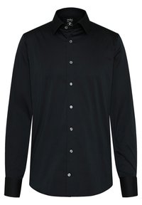 Schwarzes Langarmshirt aus glattem Stoff, mit button-down Kragen, sechs Knöpfen auf der Vorderseite und kontrastierenden Manschetten.
