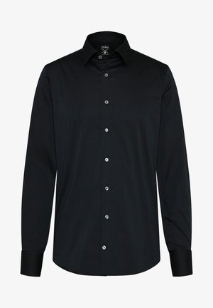 Schwarzes Langarmshirt aus glattem Stoff, mit button-down Kragen, sechs Knöpfen auf der Vorderseite und kontrastierenden Manschetten.