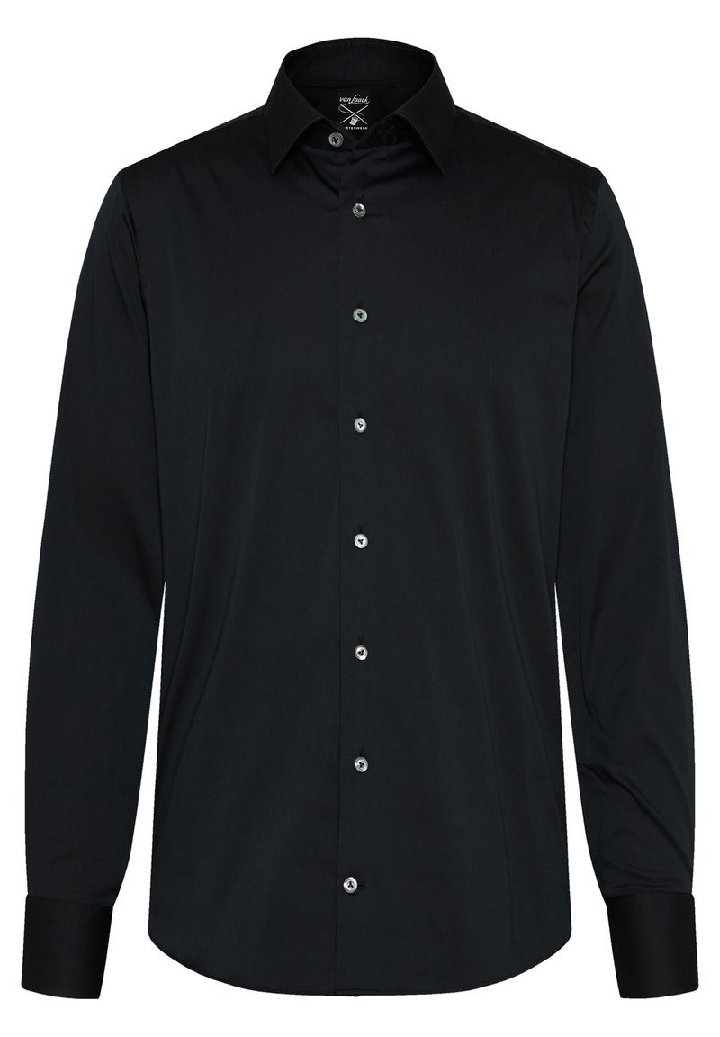Schwarzes Langarmshirt aus glattem Stoff, mit button-down Kragen, sechs Knöpfen auf der Vorderseite und kontrastierenden Manschetten.
