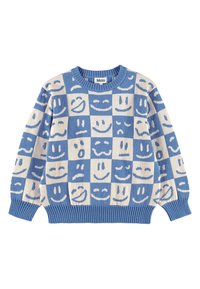 Blauer und cremefarbener Strickpullover mit einem Schachbrettmuster, das verschiedene Smiley-Gesichter zeigt. Rippkragen und -manschetten. Weicher Stoff.