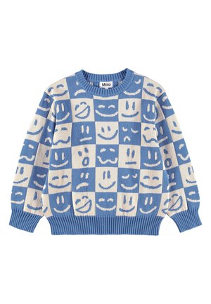 Blue and cream knitted sweater featuring a checkerboard pattern with various smiley faces. Ribbed neckline and cuffs. Soft texture.