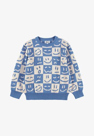 Blue and cream knitted sweater featuring a checkerboard pattern with various smiley faces. Ribbed neckline and cuffs. Soft texture.