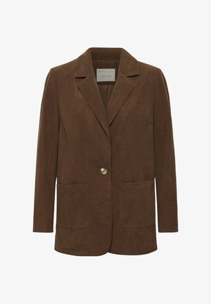 Brauner Cord-Blazer mit Reverskragen, einem einzigen Knopf, zwei Vorder-taschen und einem glatten Innenfutter. Strukturierter Stoff mit vertikalen Rippungen.