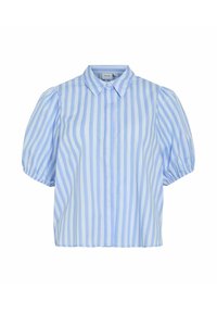Blusa a righe blu chiaro con colletto a scatto, maniche a sbuffo corte e vestibilità rilassata. Realizzata in un tessuto leggero e morbido.