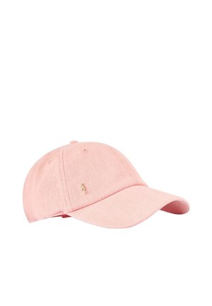 Różowa bawełniana czapka z daszkiem z zakrzywionym rondem, wyszywanym logo na przedzie oraz teksturowaną tkaniną. Regulowany pasek z tyłu.