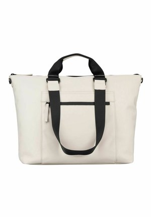 Sac fourre-tout couleur crème avec poignées noires, poche zippée avant et texture douce et lisse sur fond blanc uni.