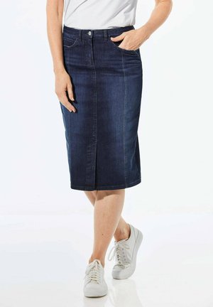 Denim knee-length skirt in dark blue, featuring a front slit, five-pocket design, and a classic button and zip fly closure.