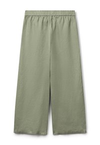 Pantalones de pierna ancha en verde claro, fabricados con un tejido texturizado y con una cinturilla elástica. Presentan líneas limpias y sin hardware visible ni patrones.