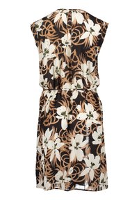 Blommönstrad klänning med stora vita liljor och bruna virvlar på en svart bakgrund, tillverkad av lätt tyg med bälte i midjan.