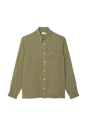 Camicia a maniche lunghe verde oliva realizzata in tessuto testurizzato. Presenta un colletto a camicia e una tasca con un piccolo logo verde sul petto.