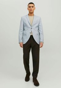 Blazer azzurro chiaro con rever a punta, due tasche anteriori e chiusura con un bottone. Abbinato a un maglione beige e pantaloni marroni.