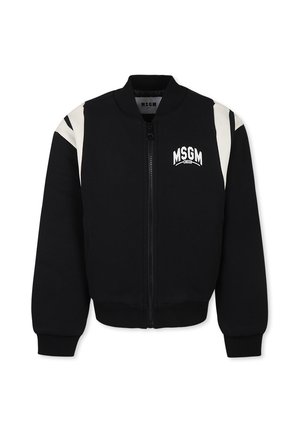 Giacca bomber nera con zip frontale, polsini a coste e strisce bianche di accento sulle spalle. Presenta il logo MSGM sul petto.