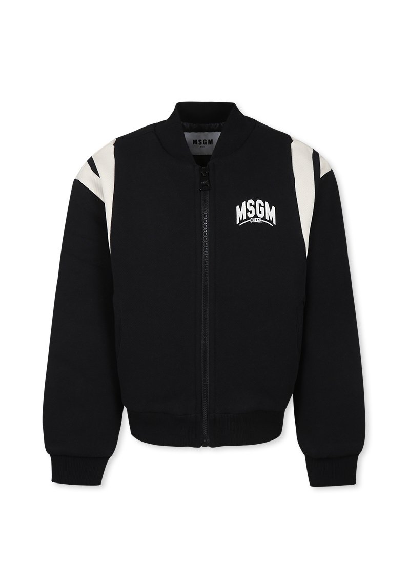 Giacca bomber nera con zip frontale, polsini a coste e strisce bianche di accento sulle spalle. Presenta il logo MSGM sul petto.