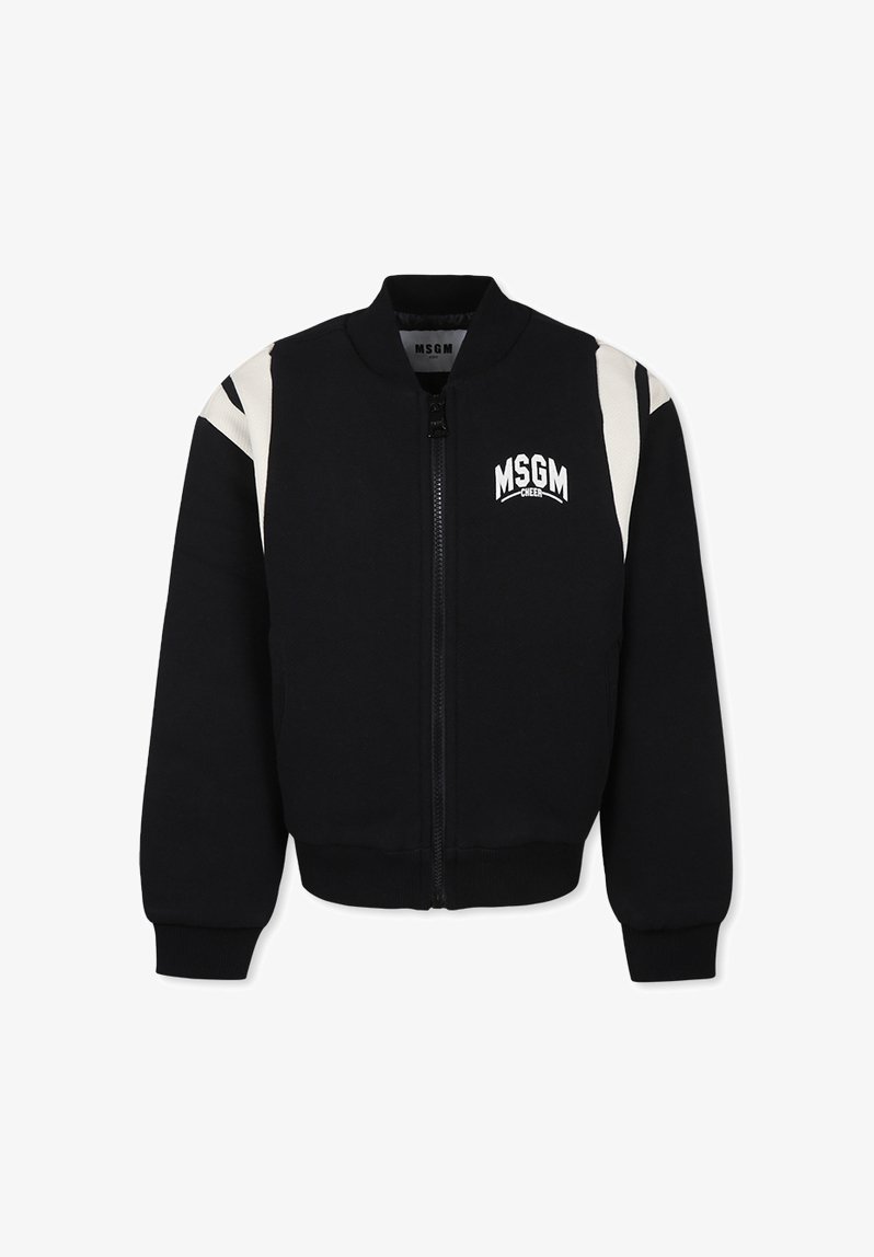 Giacca bomber nera con zip frontale, polsini a coste e strisce bianche di accento sulle spalle. Presenta il logo MSGM sul petto.
