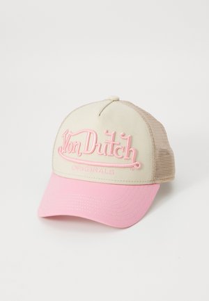 Beige og lyserød cap med mesh bag. Har hævet lyserød broderi "Von Dutch" og "ORIGINALS" foran, med en buet skygge.