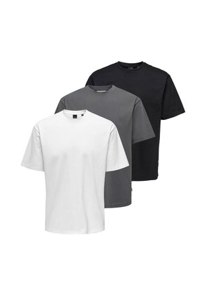 Tre crewneck t-shirts i hvid, grå og sort, lavet af bomuld, med korte ærmer og en standard pasform. Enkel design, ingen mønstre.