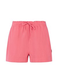 Roze šorts s elastičnim pojasom i trakicom za podešavanje. Napravljen od mekog materijala, sa opuštenim krojem i bez džepova.