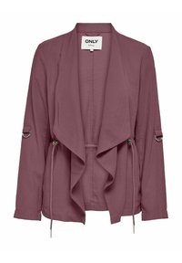 Vaaleanpunainen kevyt takki, jossa on avoin etuosa, roikkava muotoilu, pitkät hihat ja hopeiset yksityiskohdat hihoissa.