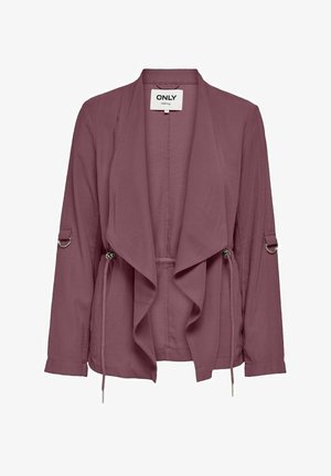 Růžová lehká bunda s otevřeným předním dílem, splývavým designem, dlouhými rukávy a stříbrnými akcenty na rukávech.