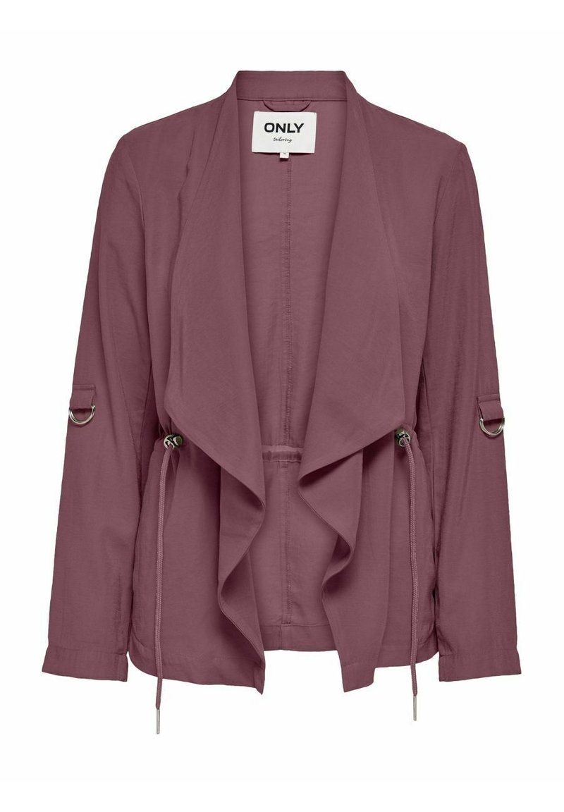 Vaaleanpunainen kevyt takki, jossa on avoin etuosa, roikkava muotoilu, pitkät hihat ja hopeiset yksityiskohdat hihoissa.