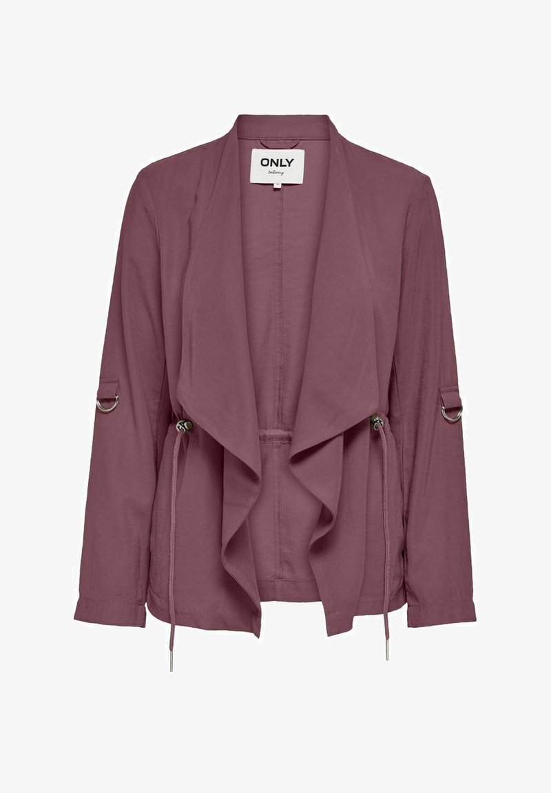 Vaaleanpunainen kevyt takki, jossa on avoin etuosa, roikkava muotoilu, pitkät hihat ja hopeiset yksityiskohdat hihoissa.