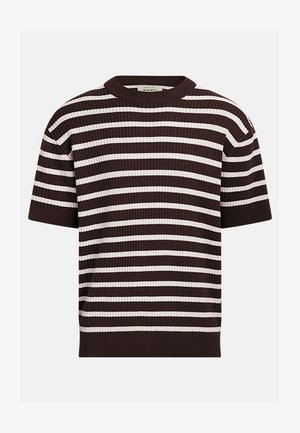 Lühikeste varrukatega kootud kampsun, millel on pruunid ja valged horisontaalsed triibud ning soonikkoes ümara kaelusega.