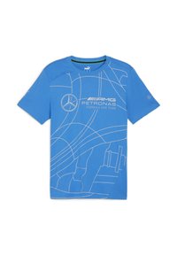 Blå bomull T-shirt med en vit konturdesign av en racingbana och logotyper för AMG och Petronas på framsidan. Rund hals, korta ärmar.