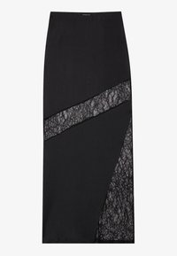 Μαύρη midi φούστα με γεωμετρικό σχεδιασμό, υφασμάτινες λεπτομέρειες από δαντέλα με υφή, δομημένο ύφασμα και κομψή σιλουέτα.