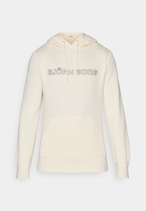 Cremefarbener Hoodie mit einer Kordelzugkapuze, mit einer vorderen Kängurutasche und dem schwarzen "BJÖRN BORG" Logo über der Brust. Weicher Stoff.