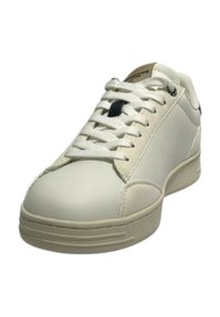 Sneaker bianco con tomaia in pelle liscia, punta rotonda e suola piatta. Presenta accenti neri sulla linguetta e chiusura con lacci.