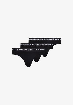 Czarny zestaw stringów składający się z trzech par z szerokimi elastycznymi paskami z białym logo "KARL LAGERFELD". Gładki, elastyczny materiał.