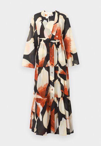 Jurk met lange mouwen en knopen, V-hals, strik in de taille en groot abstract bloemmotief in zwart, crème en roestkleuren.