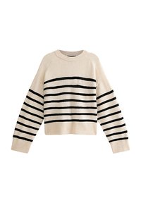 Maglione lavorato a maglia beige con strisce orizzontali nere, scollo rotondo e spalle scese. Tessuto morbido, lunghezza corta, orlo a coste.