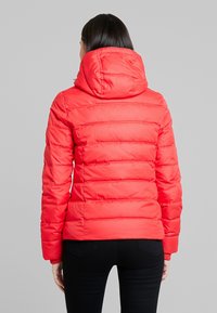 Rode donzen jas met capuchon, voorzien van een doorgestikt ontwerp en elastische manchetten. Het materiaal lijkt glad en waterbestendig. Achteraanzicht weergegeven.
