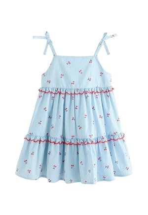 Blau-weiß gestreiftes ärmelloses Kleid mit Kirschmuster, Bindebändern und rotem Rüschensaum am mehrstufigen Rock.