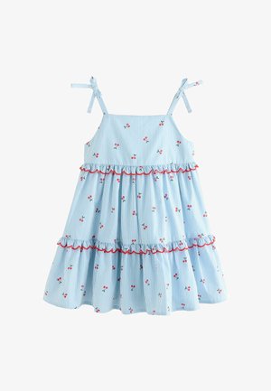 Blå- og hvidstribet ærmeløs kjole med kirsebærprint, bindebånd og rød flæsekant på lagdelt nederdel.