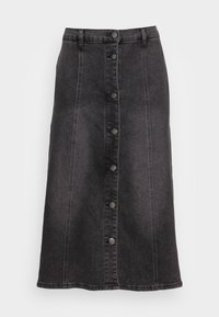 Zwarte denim A-lijn rok met vijf metalen knopen aan de voorkant, hoge taille en zichtbare stiksels. Soepele textuur en knielange ontwerp.