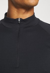Close-up of a person wearing a black textured quarter-zip sweater with the zipper partially up at the neck.