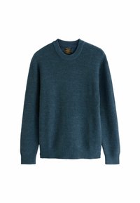Niebieski sweter z prążkowanej dzianiny, z długimi rękawami i okrągłym dekoltem. Charakteryzuje się teksturowanym materiałem i luźnym krojem. Brak widocznych logo i wzorów.