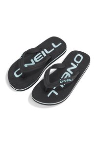 Svarta flip-flops med strukturerade remmar, med en ljusblå "O'Neill"-logotyp. Platta sulor med vita accentlinjer längs kanten.
